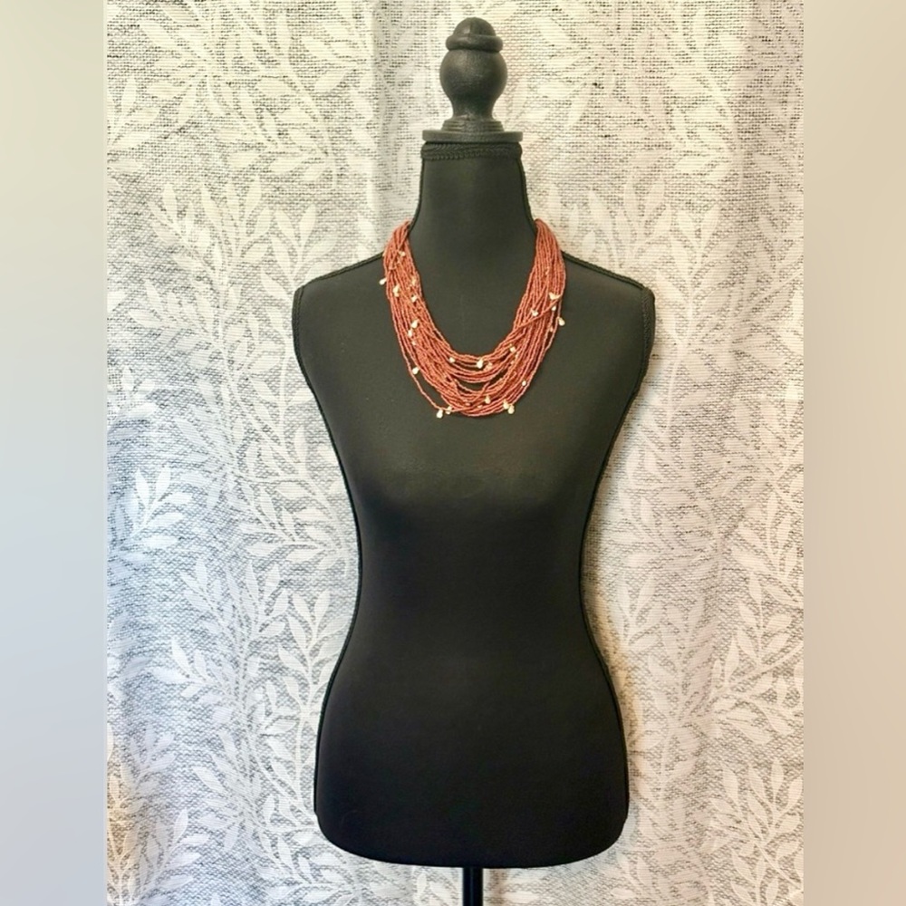 Handmade Brown Multi-Strand Necklace with Gold Accents and Rhinestone End